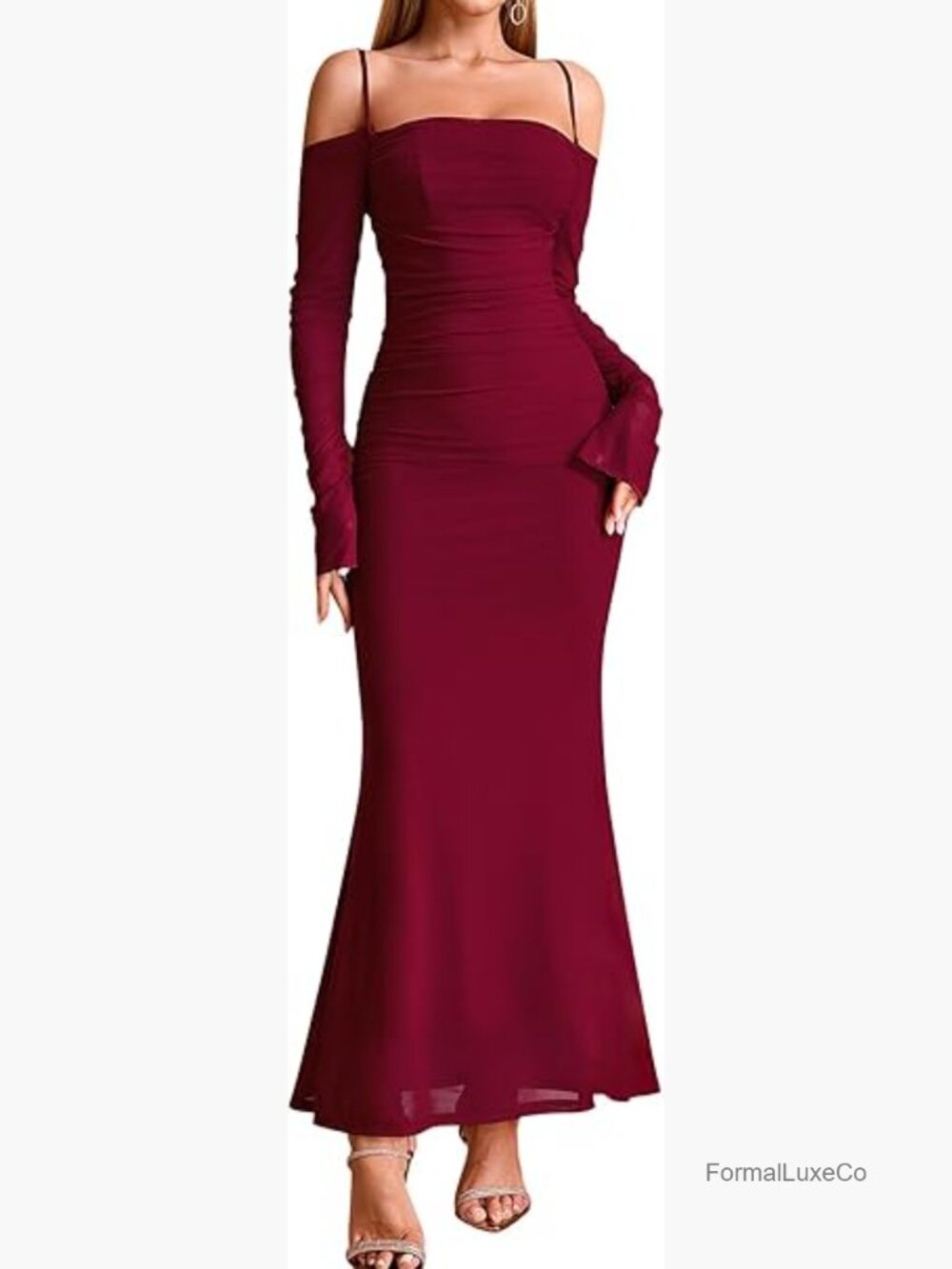Long Sleeve Mesh Ruched Bodycon Maxi Formal Dress